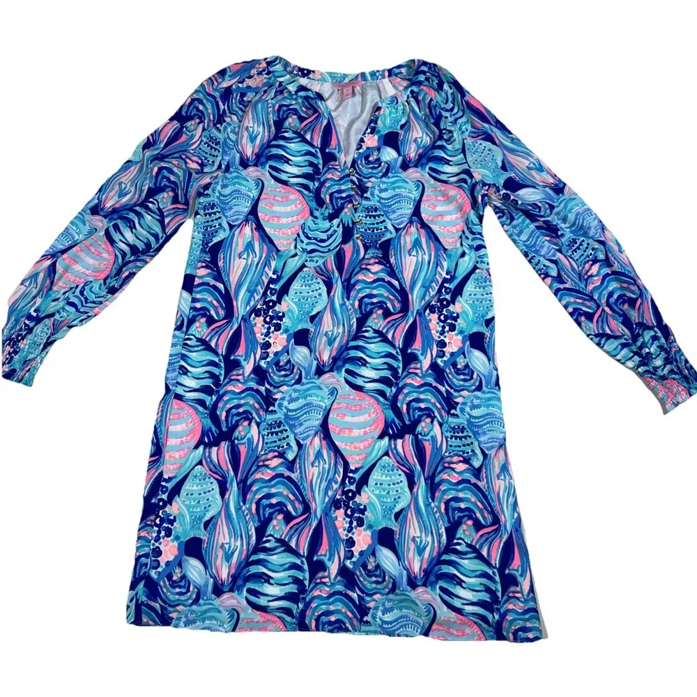 Lilly Pulitzer Brynle Dress Twilight Blue Gold Buttons Smocked Sleeves Womens XS